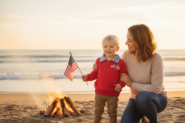 Red sweater with blue checkered collar and flag design on a white background