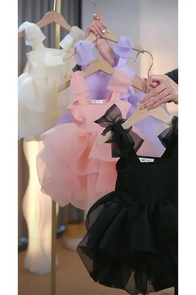 Addie Tulle Dress for Girls - Sleeveless Tiered Skirt with Elegant Tulle Bows in 4 Colors - The Palm Beach Baby