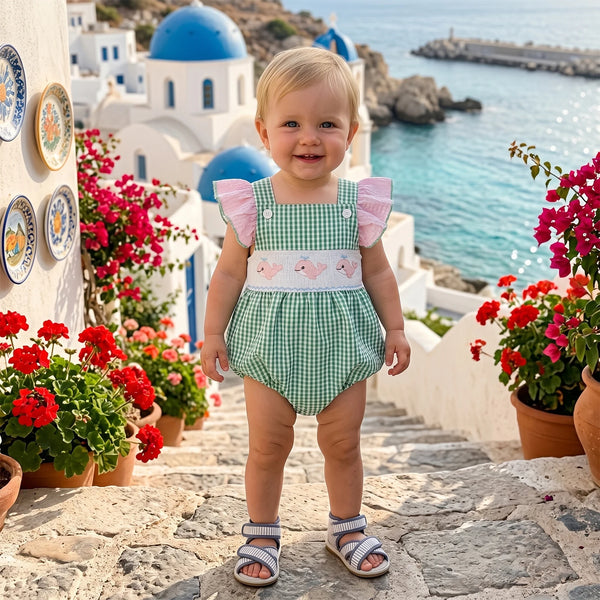 Baby to toddler romper in green gingham with pink flutter sleeves and sea creatures embroidery.
