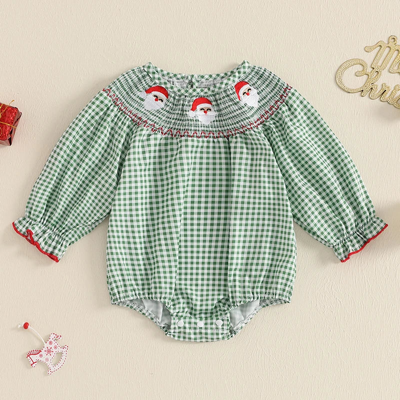 Holiday Cuteness Smocked Baby Bubbles - 10 Styles showcasing a green gingham baby romper adorned with Santa faces on the smocked neckline, perfect for celebrating the holidays.