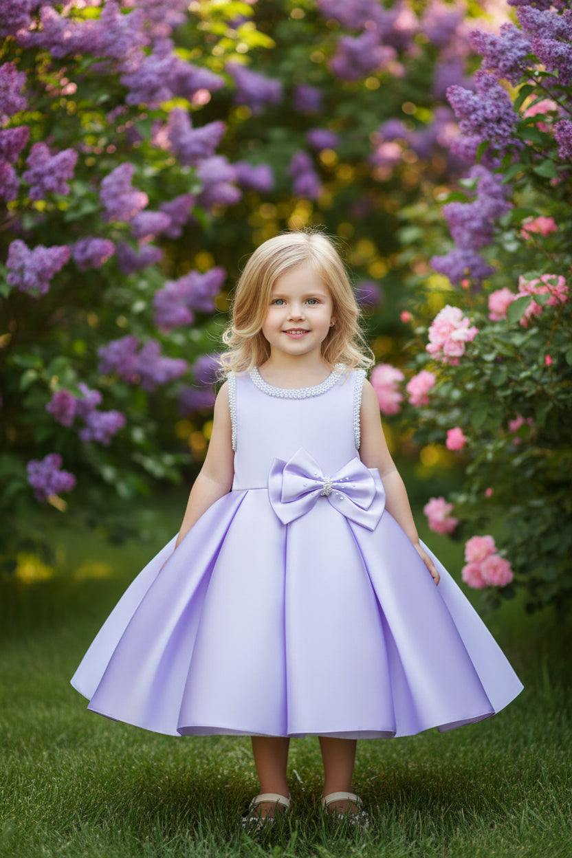 Lilac beaded-neckline formal party dress for girls aged 2–7 with a big satin bow and pleated knee-length skirt.