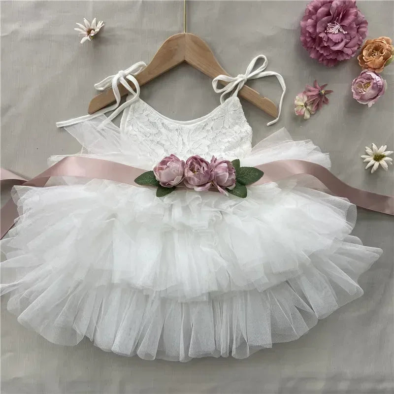 "Cecilia" Girl Vintage Tiered Voile Dress with Beaded Belt & V-Neck - 5 Colors, Perfect for Any Occasion - The Palm Beach Baby
