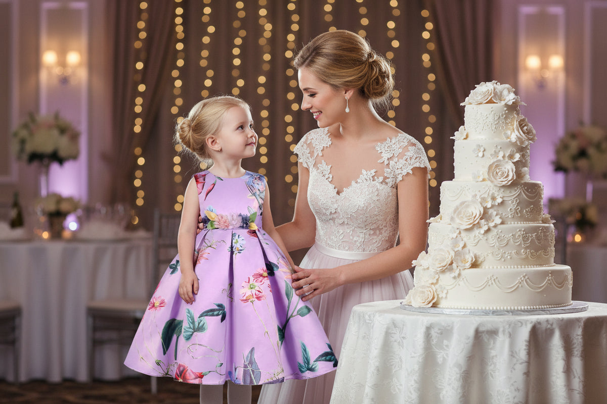 a 6 years old girl with blonde hair at wedding standing with her mother by a wedding cake