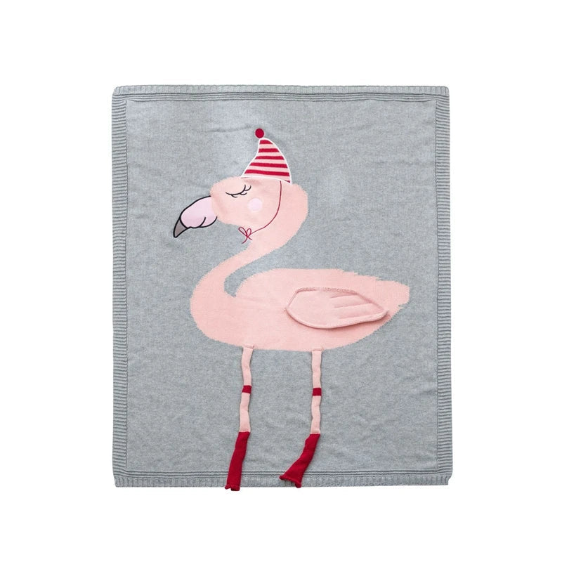 Flat lay of a soft, gray flamingo blanket designed for kids, part of the 'Sleepy Tight' cute animal blankets range.