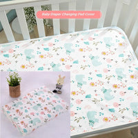 Waterproof baby changing pad cover in pastel prints with light blue elephants and flowers; cotton, 50x70 cm or 70x90 cm.