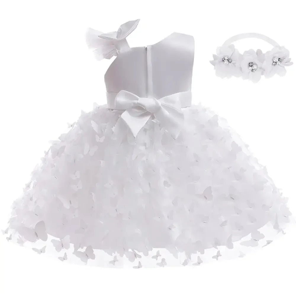 Butterfly Wishes formal dress with matching headband, white strapless ball gown with butterfly appliques and waist bow