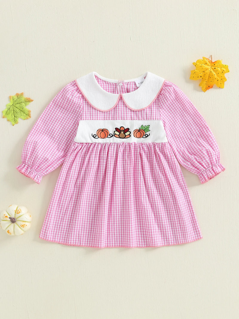 "Pumpkins and Turkey" Embroidered  Plaid Dress for Little Girls - 2 Colors