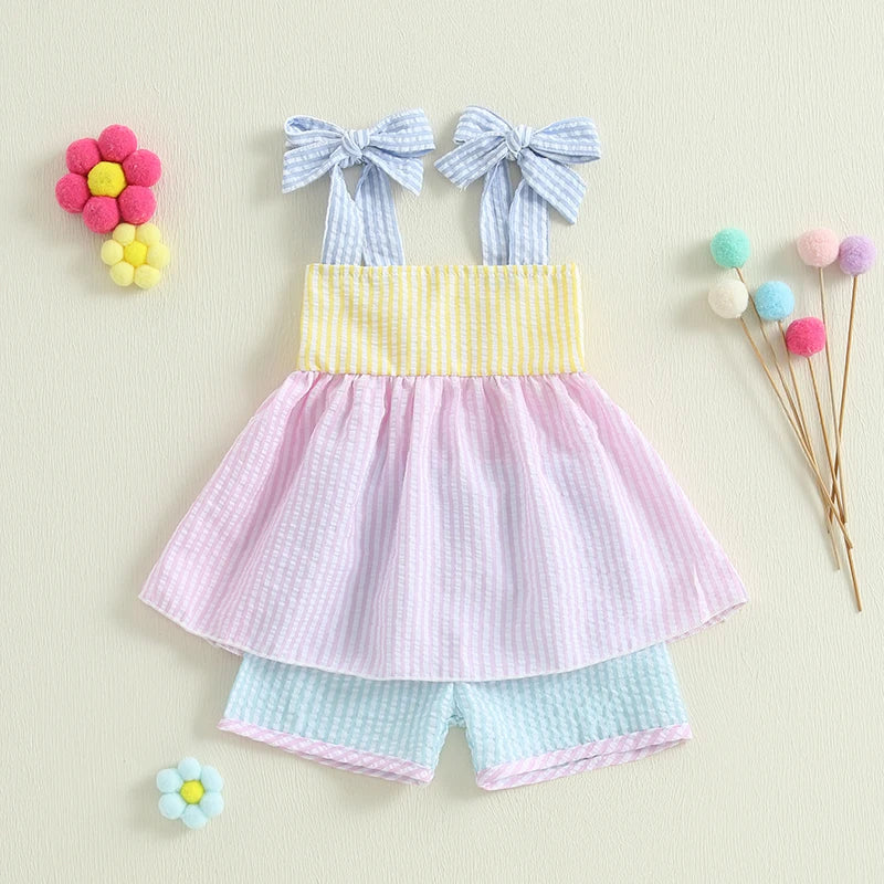 Sweet in Sun Seersucker 2 PC Shorts Set showcasing a pink sundress top with blue and yellow stripes, matched with light blue shorts.