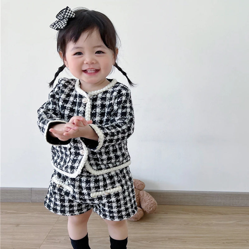 Chic Two-Piece Tweed Shorts and Coat Set - Black and White