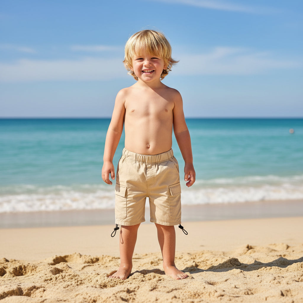 Beige shorts with drawstring on a white background