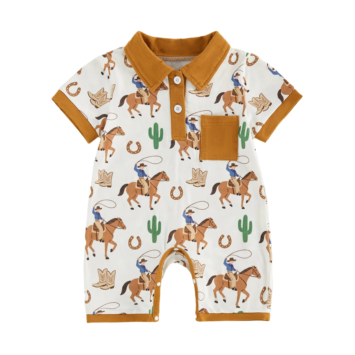 Polo-style short-sleeve romper for babies with western or fishing print, brown collar and chest pocket.