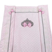 Pink Minky heirloom baby blanket with raised dots, crystal-accented silver crown and pink bow, lace trim.