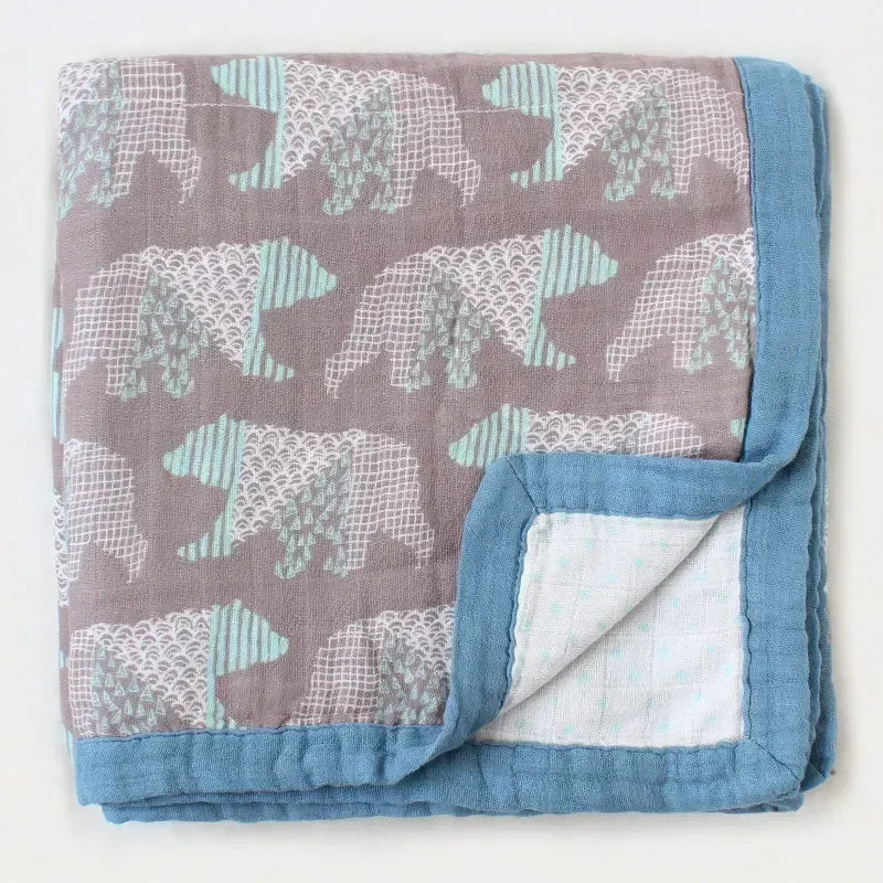 Two-layer bamboo cotton baby swaddle blanket with teal elephants on mauve and blue trim.