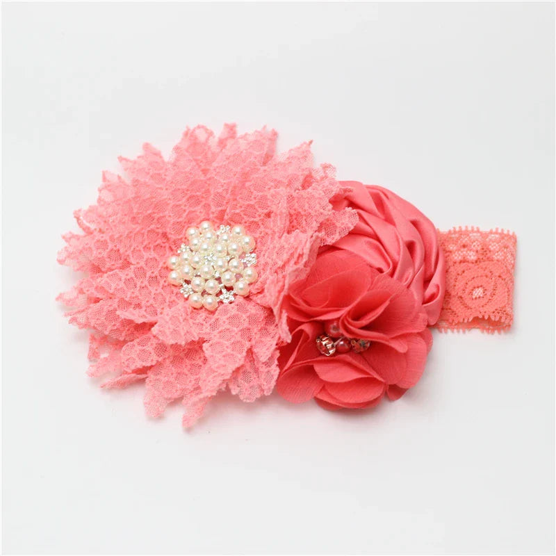 Elegant Chiffon Beaded Baby Hair Accessories featuring a coral pink headband with large lace flowers, great for baby photos.