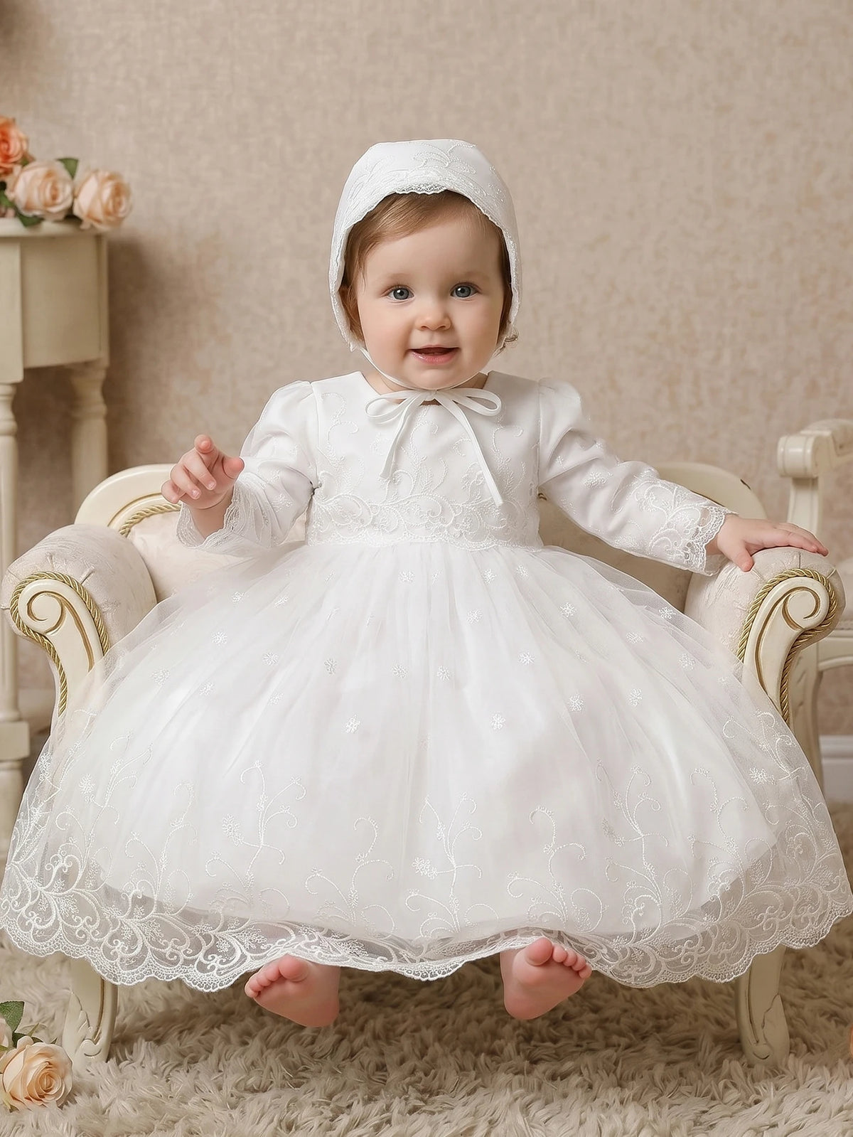 Aurelia Baby Girls White Long-Sleeve Tulle Special Gown