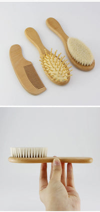 Personalized wooden baby grooming set: brush, comb, and pin brush for infants and toddlers.