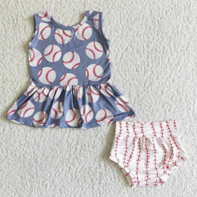 Adorable Homerun! Fun In Sun Summer Baby Rompers with a baseball-themed peplum top, ideal for summer toddlers.