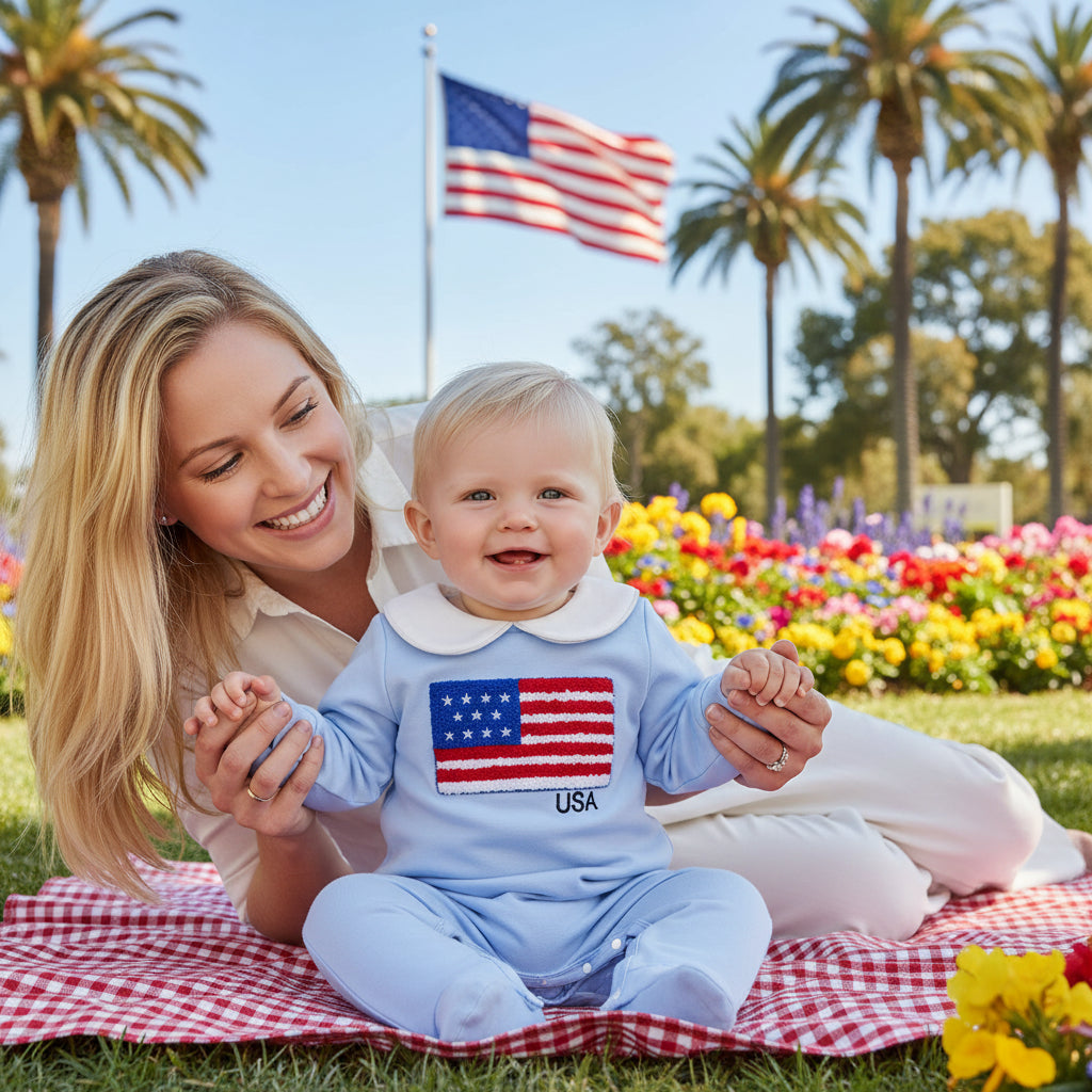 Light blue baby romper with American flag design on a white background
