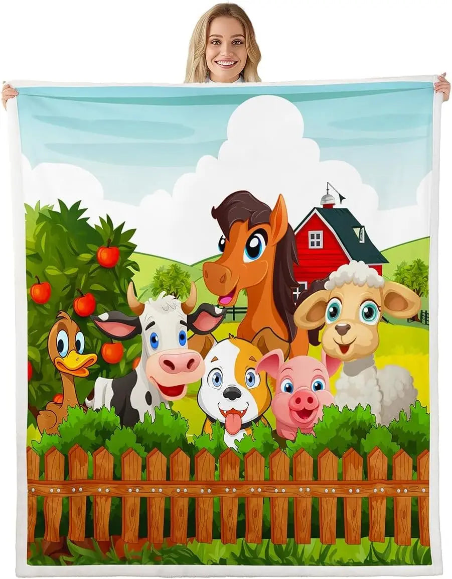 Jungle Rumble double-sided children's blanket featuring farm animals, red barn, green fields, and wooden fence.