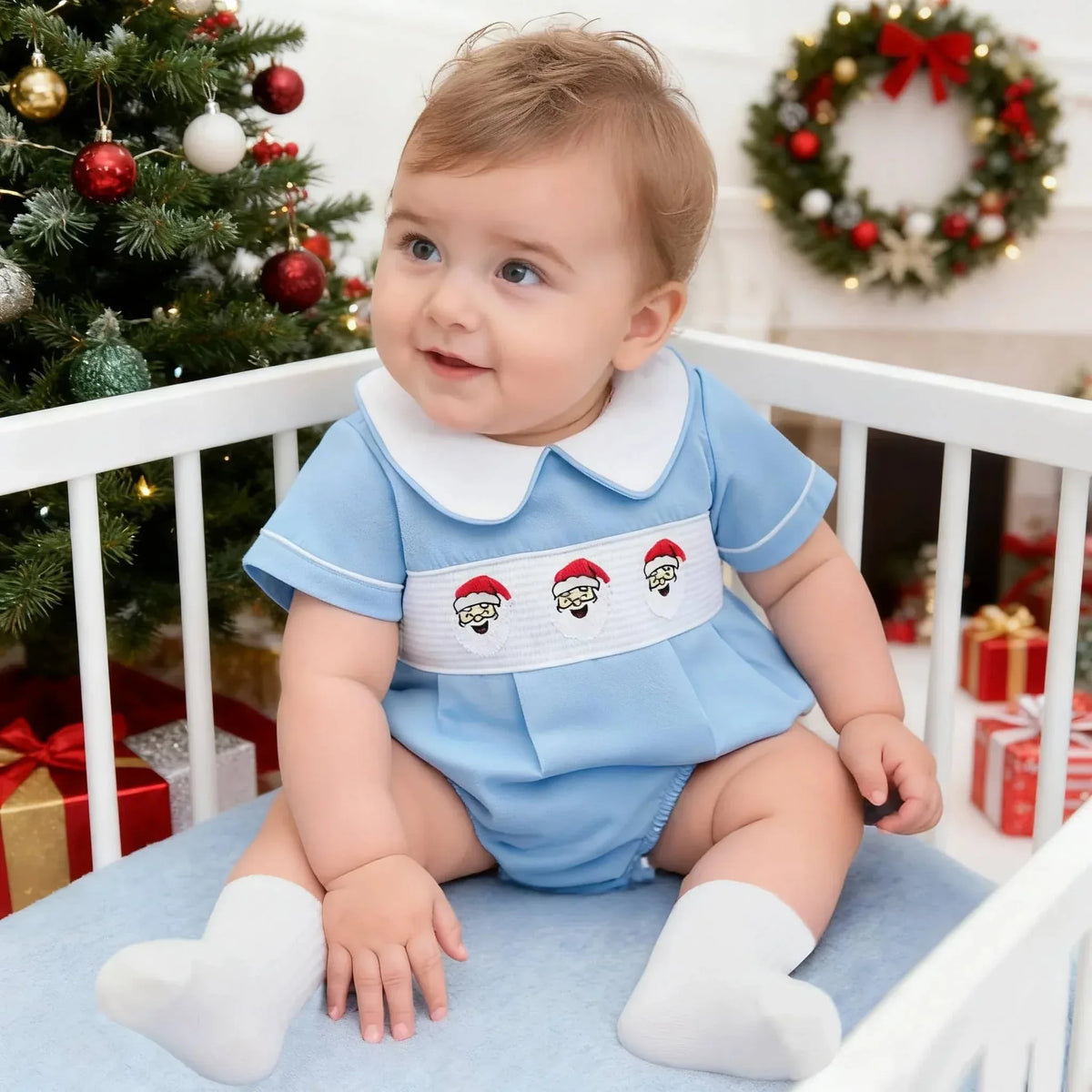 "Santa Cutie" Peter Pan Collar Baby Romper - Soft Cotton, Snap Legs, Holiday Ready - The Palm Beach Baby