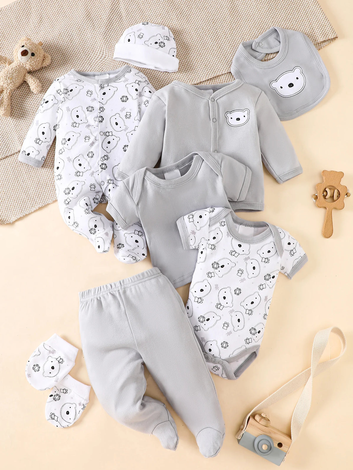 8-piece baby layette set in cute grey bear print, 100% cotton for 0-9M infants.