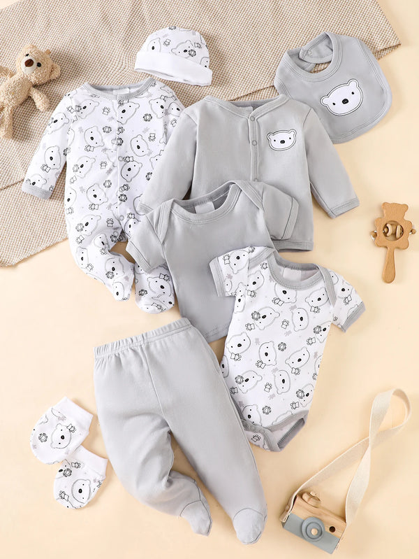 8-piece baby layette set in cute grey bear print, 100% cotton for 0-9M infants.