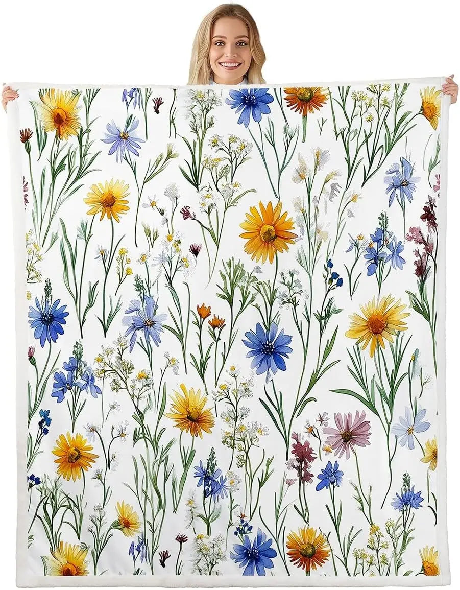 Jungle Rumble double-sided children's blanket with Spring/Fall floral print on white background