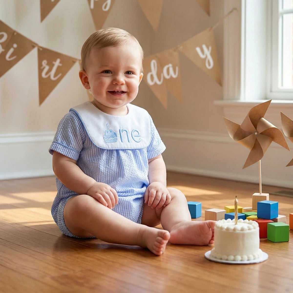 Sweet Birthday Wishes First Birthday Romper with Embroidered Bib, a perfect first birthday romper for celebrating special moments.