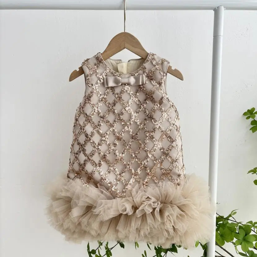 "Isabella" Elegant Sequined Dress For Little Girls - A-Line With Ruffled Tulle Hem - 2 Colors