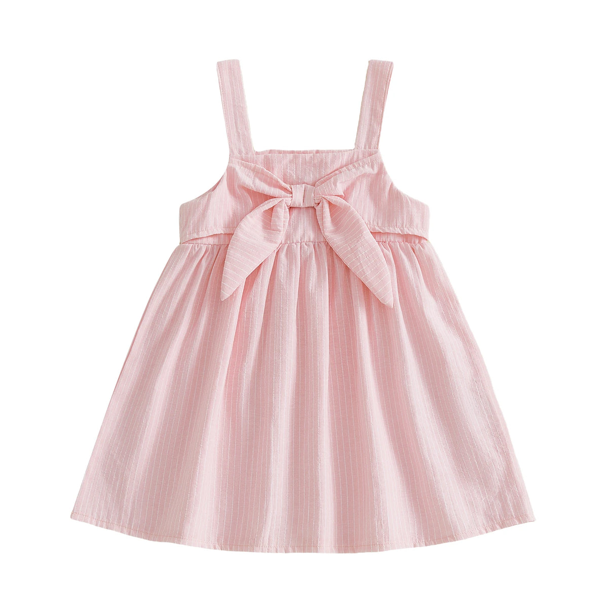 Violet toddler dress with oversized front bow, pink striped A-line, square neckline and shoulder straps.