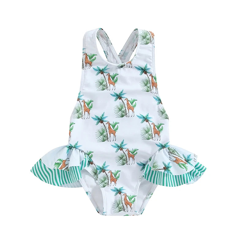 Frilly prints toddler girls' 1-piece swimsuit with giraffe and palm motif, crisscross back, green striped ruffle sides.