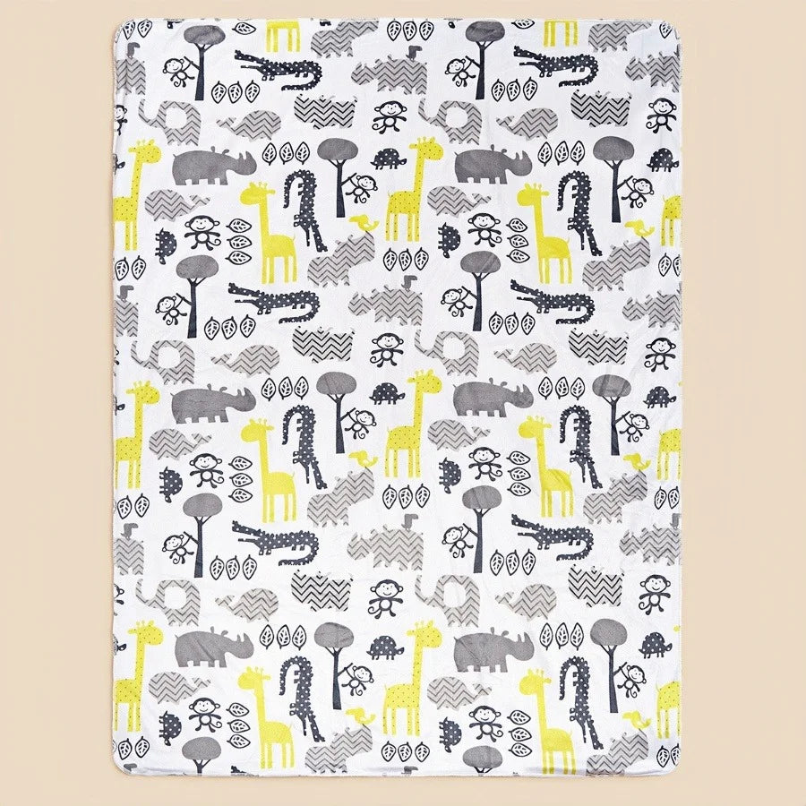 Lightweight micro-plush children's blanket with four colorful, reversible animal prints on white.