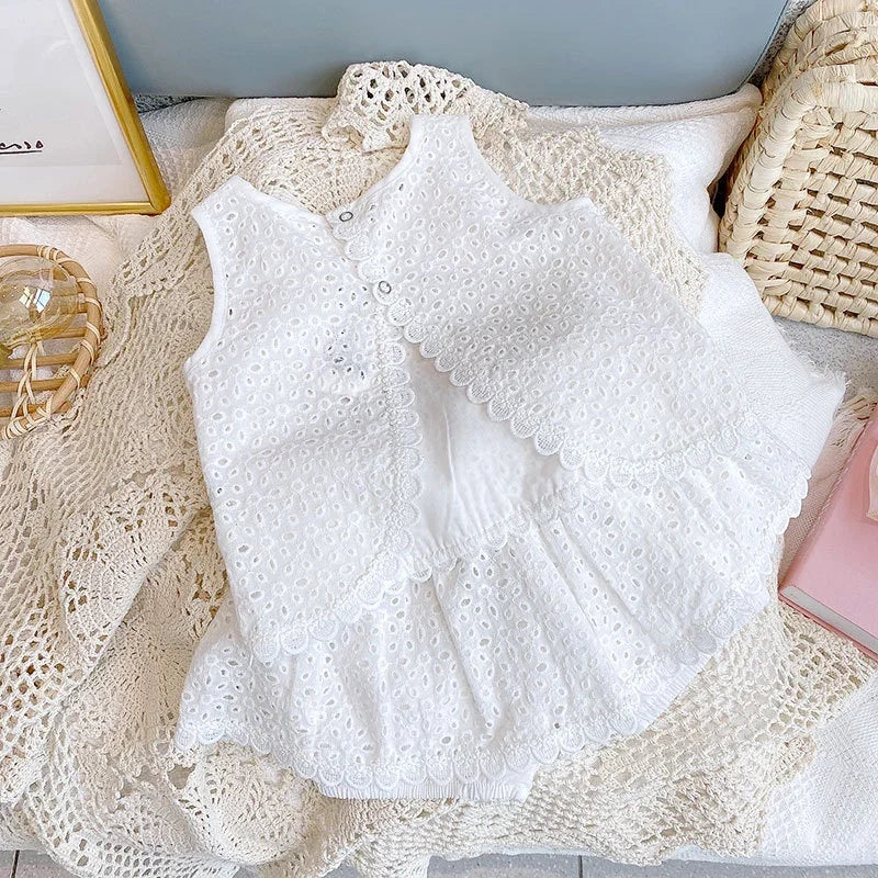 White Wentworth lace 2-piece girls' skort and sleeveless top set with back buttons.