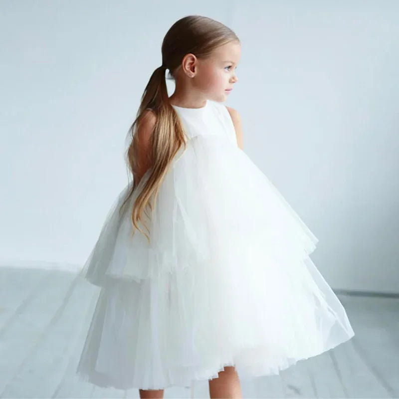 toddler girls white party dress with layered tulle skirt sleeveless