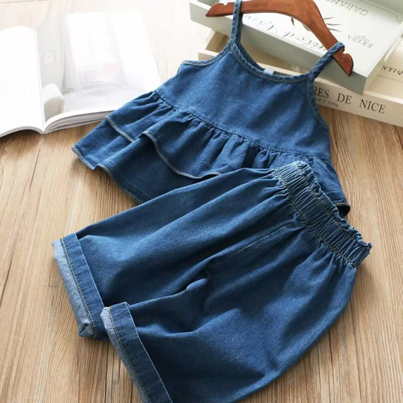 Adorable 'Roxanne' Ruffled Denim Pant Set for Girls suitable for summer occasions like pool parties.