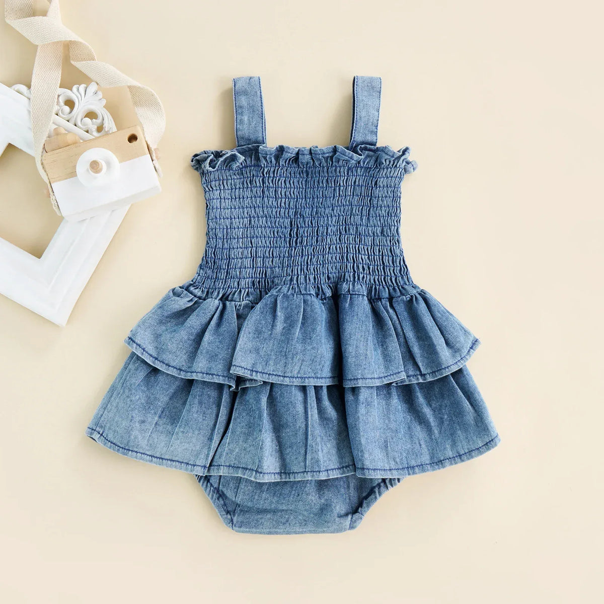 "Denim Cutie" Adorable Girls Denim Romper with Ruffled Skirt, Sleeveless Design - 0-24 Months - The Palm Beach Baby
