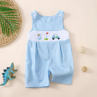 Blue and white gingham baby romper with golf-themed embroidery, sleeveless button closure design for toddler boys.