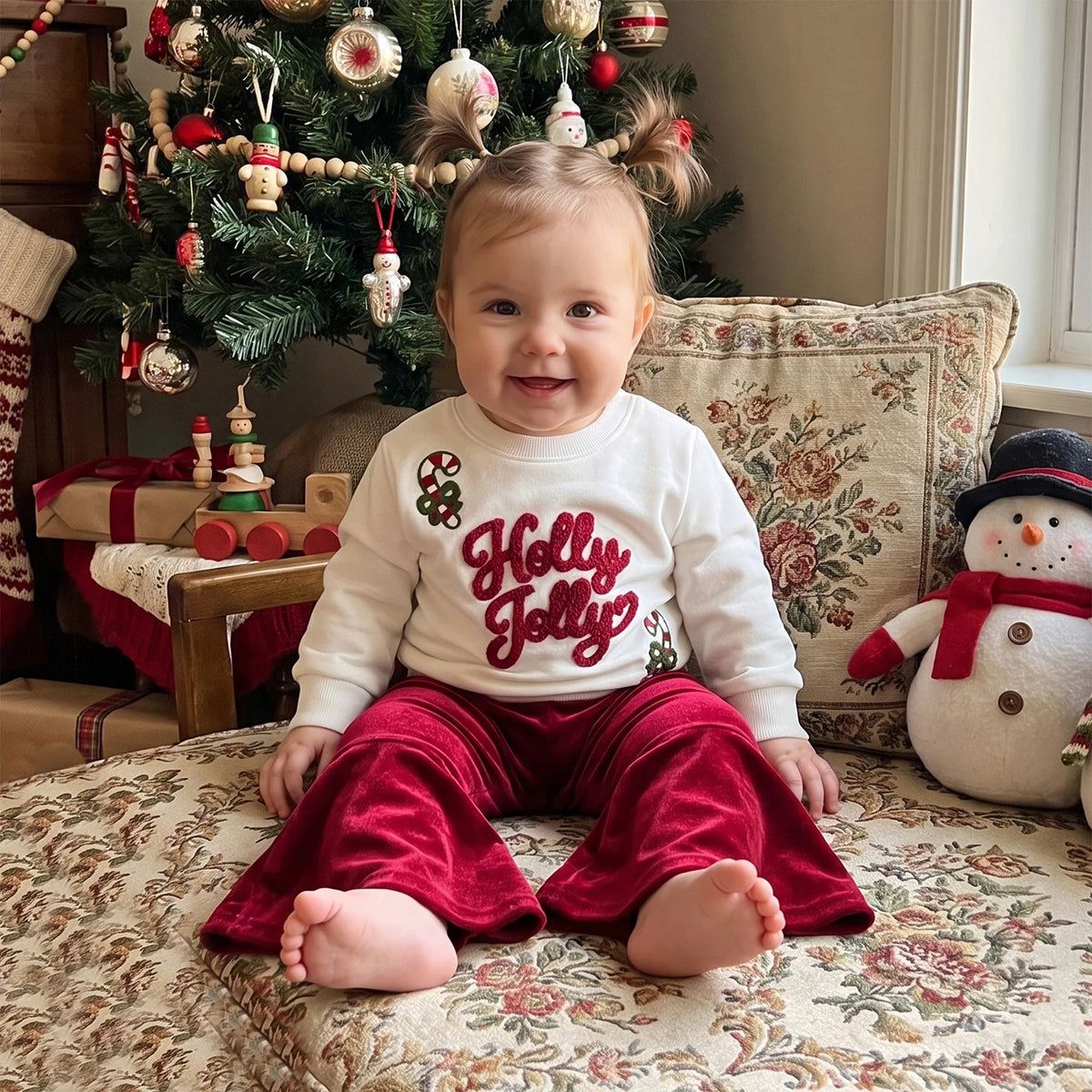 Toddler girl in white Holly Jolly pullover and red velvet bell bottom pants sitting by a Christmas tree.
