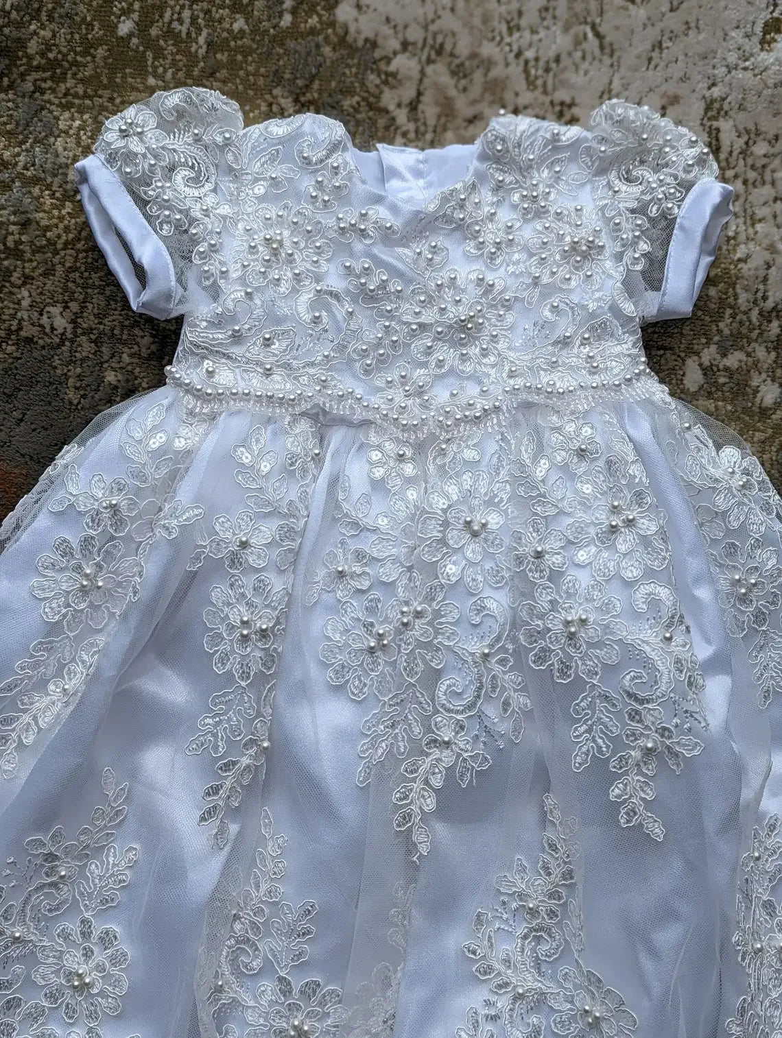 Ava Lace Christening Gown - Elegant Heirloom Design with Appliques & Puff Sleeves - 2 Colors - The Palm Beach Baby