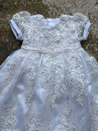 Ava Lace Christening Gown - Elegant Heirloom Design with Appliques & Puff Sleeves - 2 Colors - The Palm Beach Baby