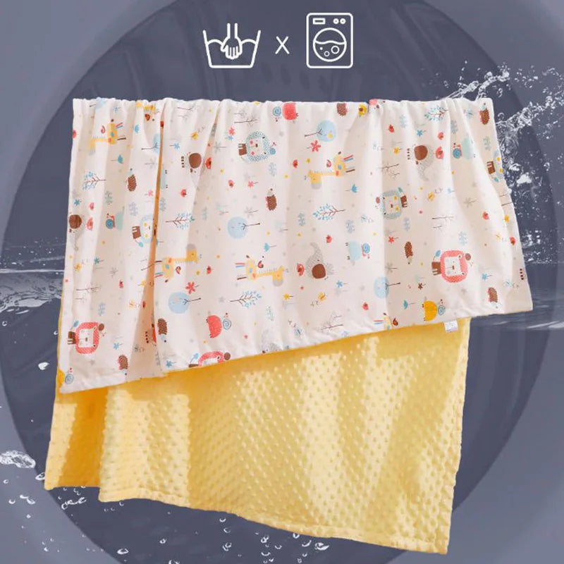 Soft baby animals minky blanket with yellow dotted lining, 100x75cm plush cotton blend for infants, great for gifts and strollers.