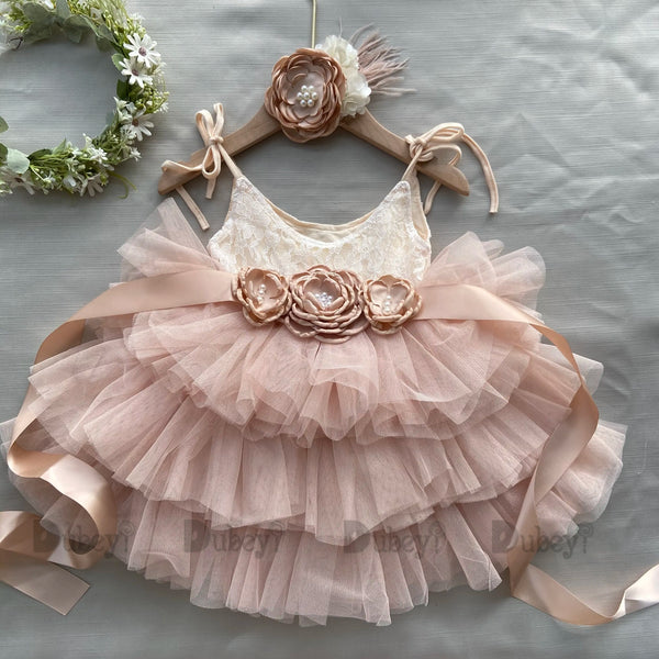 Cecilia Vintage Tiered Tulle Dress with floral belt and headband in blush pink lace bodice.