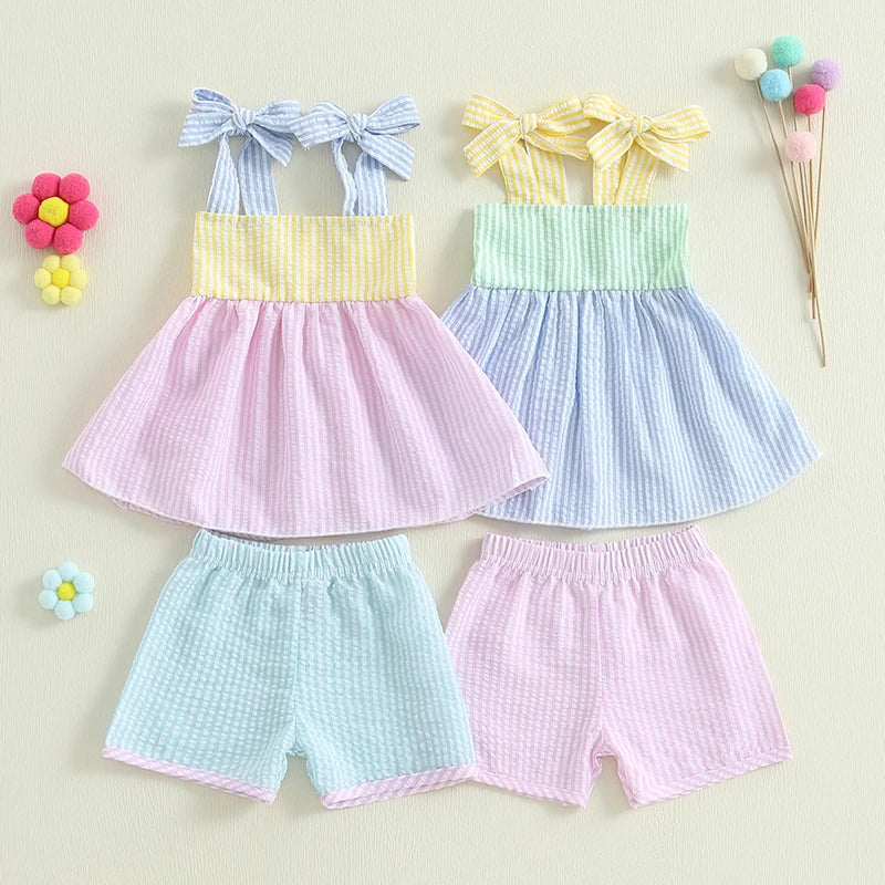 Sweet in Sun Seersucker 2 PC Shorts Set displayed in various colors, including pink and blue dresses with matching shorts.