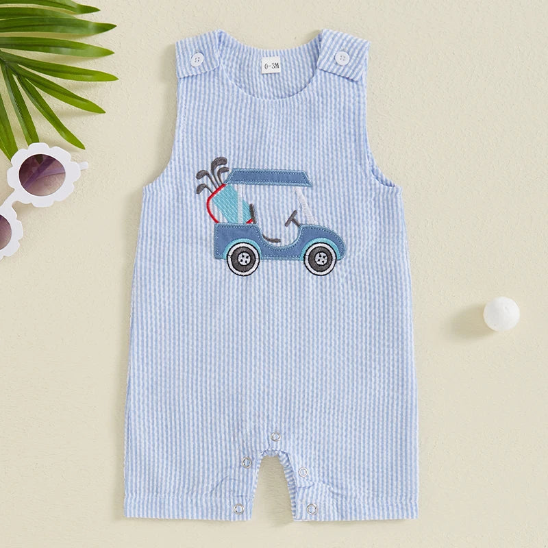Hitting the Links, Baby! Boys Golf Cart Romper - Blue Stripe Seersucker featuring a playful golf cart embroidery, perfect for little golfers.