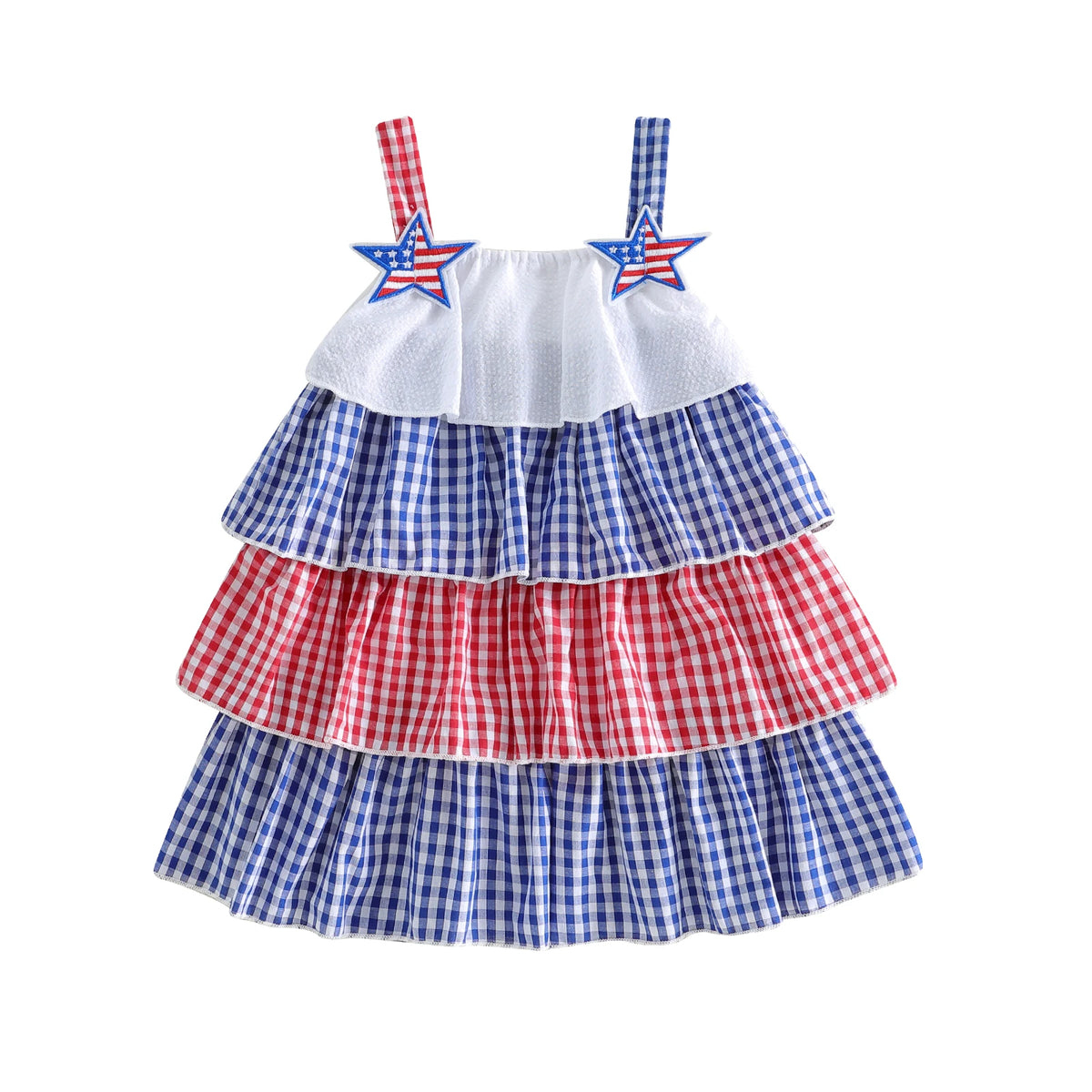 Pauline Patriotic Red, White, and Blue Tiered Toddler Party Dress - Adorable Frills - The Palm Beach Baby Esrimated 13-19 Day Shipping