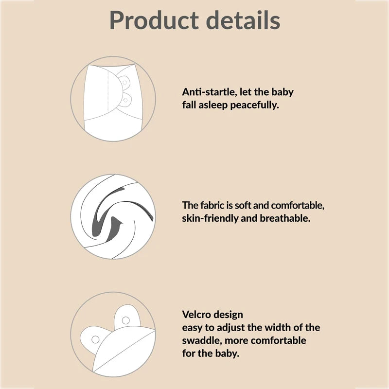 Features of Cozy Baby Swaddle highlighting the anti-startle design and soft, breathable fabric for baby happiness.