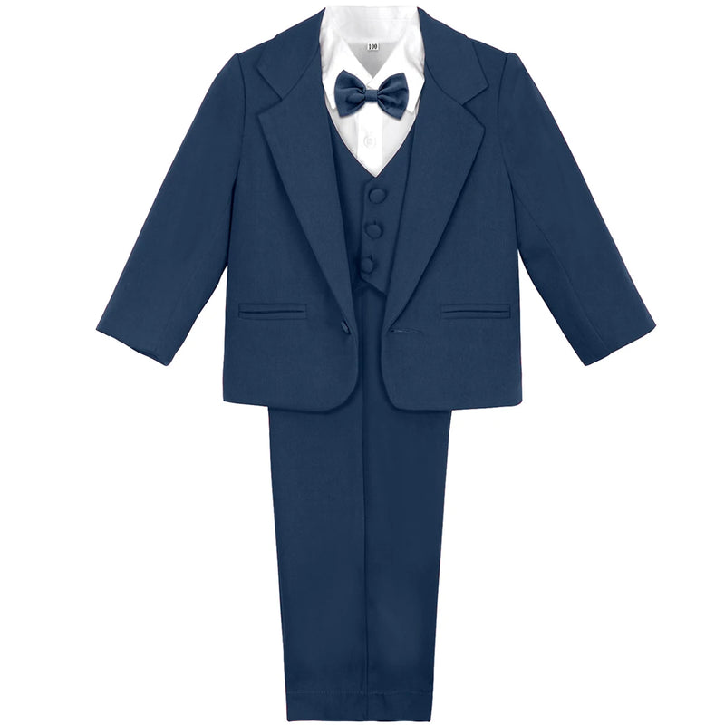 Elegant navy blue Hudson Boys' Tuxedo Set featuring a complete outfit with a bow tie, ideal for special events.