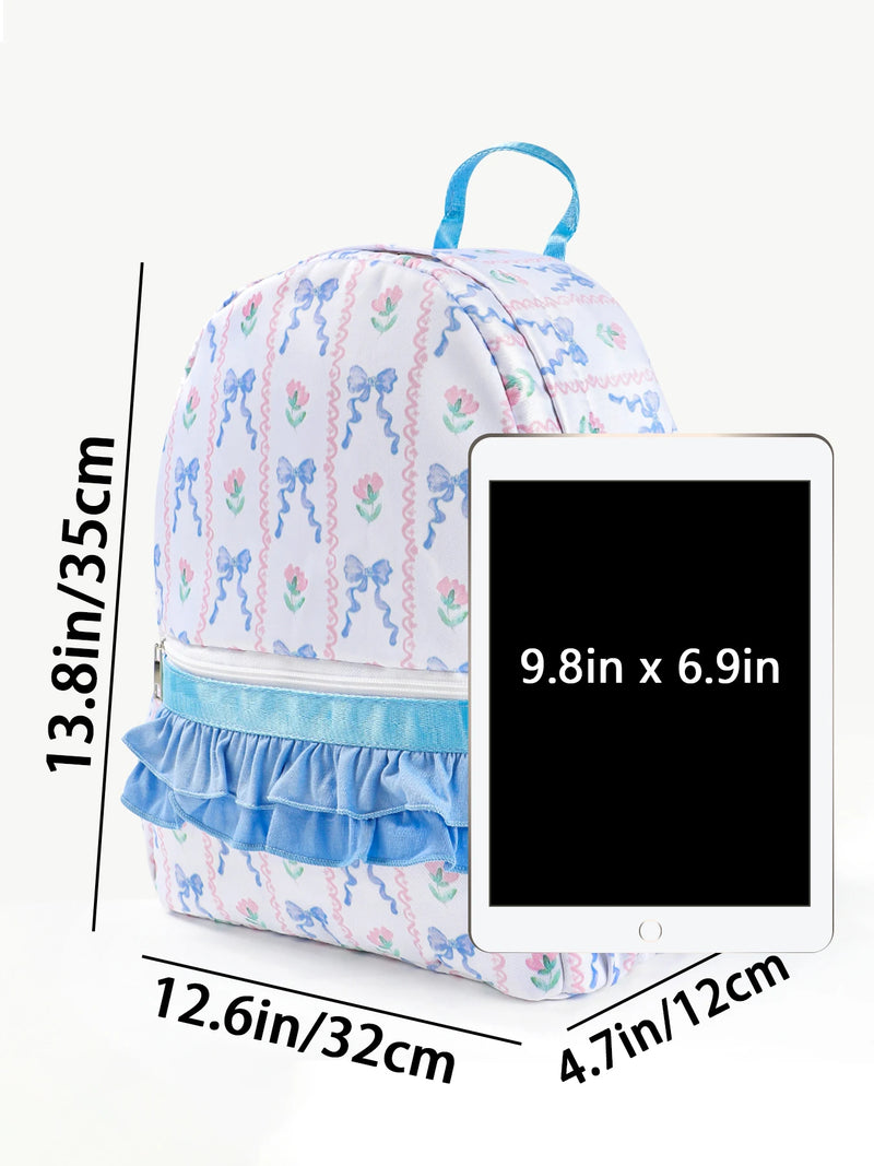 Front view of the Flowers & Bows Floral Printed Backpack with eye-catching floral designs, a perfect gift for girls going back to school.