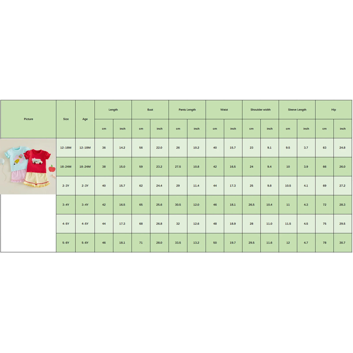 Size chart for girls' back-to-school striped seersucker two-piece shorts set with embroidered accents.
