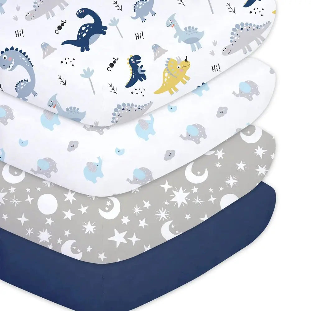 4-pack extra-soft microfiber crib sheets for babies: dinosaur print; starry gray; navy solid; 52x28 inches.